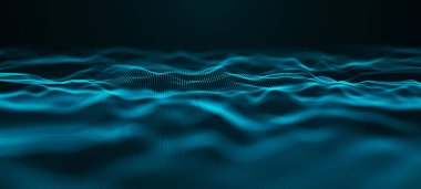 Teknoloji geçmişi. Gelecekçi nokta dalgası. Parçacıkların soyut dijital dalgası. Karanlık arka plan. Bağlantı yapısı. 3d Vektör illüstrasyonu.