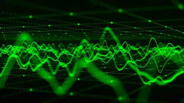 Parçacık dalgası. Karanlık bir arkaplanda noktaların ve çizgilerin gelecekteki deseni. Ses dalgalarının görüntüsü. Diyagram. Büyük veri dijital kodu. Teknoloji ya da bilim afişi. 3B Vektör illüstrasyonu