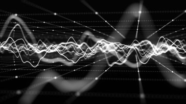 Parçacık dalgası. Karanlık bir arkaplanda noktaların ve çizgilerin gelecekteki deseni. Ses dalgalarının görüntüsü. Diyagram. Büyük veri dijital kodu. Teknoloji ya da bilim afişi. 3B görüntüleme.