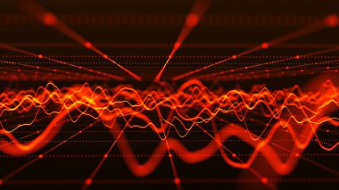 Parçacık dalgası. Karanlık bir arkaplanda noktaların ve çizgilerin gelecekteki deseni. Ses dalgalarının görüntüsü. Diyagram. Büyük veri dijital kodu. Teknoloji ya da bilim afişi. 3B görüntüleme.