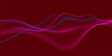 Gelecekçi nokta dalgası. Soyut dijital parçacık dalgası. Teknoloji geçmişi. Renkli müzik dalgası. Karanlık arka plan. Yumuşak, dalgalı kıvrımları olan dijital bir arkaplan. 3B vektör illüstrasyonu.