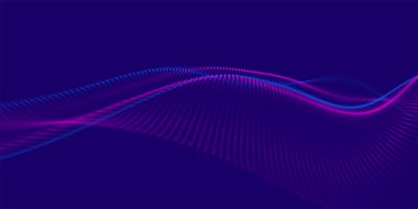 Gelecekçi nokta dalgası. Soyut dijital parçacık dalgası. Teknoloji geçmişi. Renkli müzik dalgası. Karanlık arka plan. Yumuşak, dalgalı kıvrımları olan dijital bir arkaplan. 3B vektör illüstrasyonu.