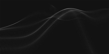 Gelecekçi nokta dalgası. Soyut dijital parçacık dalgası. Teknoloji geçmişi. Siyah beyaz müzik dalgası. Karanlık arka plan. Düz dalgalı kıvrımlı dijital arkaplan. 3B görüntüleme.