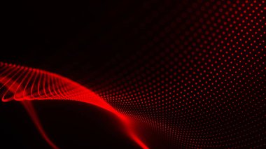 Teknoloji geçmişi. Gelecekçi nokta dalgası. Parçacıkların soyut dijital dalgası. Karanlık arka plan. Bağlantı yapısı. 3d Vektör illüstrasyonu.