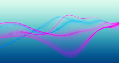 Gelecekçi nokta dalgası. Soyut dijital parçacık dalgası. Teknoloji geçmişi. Renkli müzik dalgası. Hafif arkaplan. Yumuşak, dalgalı kıvrımları olan dijital bir arkaplan. 3B görüntüleme.