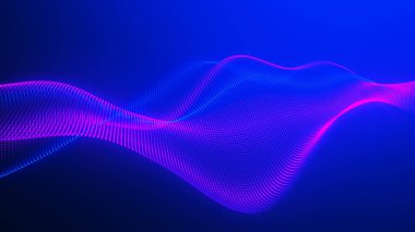Gelecekçi nokta dalgası. Soyut dijital parçacık dalgası. Teknoloji geçmişi. Renkli müzik dalgası. Karanlık arka plan. Yumuşak, dalgalı kıvrımları olan dijital bir arkaplan. 3B görüntüleme.