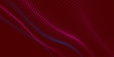 Gelecekçi nokta dalgası. Soyut dijital parçacık dalgası. Teknoloji geçmişi. Renkli müzik dalgası. Karanlık arka plan. Yumuşak, dalgalı kıvrımları olan dijital bir arkaplan. 3B vektör illüstrasyonu.