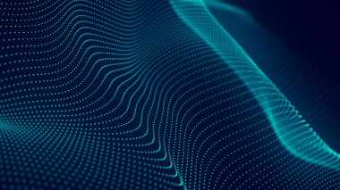 Teknoloji geçmişi. Gelecekçi nokta dalgası. Parçacıkların soyut dijital dalgası. Karanlık arka plan. Bağlantı yapısı. 3d Vektör illüstrasyonu.