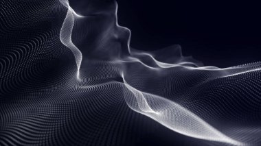Parçacıkların gelecekteki nokta dalgası. Ses dalgalarının görüntüsü. Teknoloji ya da bilim afişi. Soyut siyah-beyaz dijital üç boyutlu dalga. Vektör illüstrasyonu.