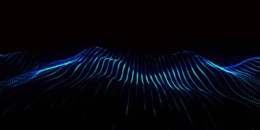 Teknoloji geçmişi. Gelecekçi nokta dalgası. Parçacıkların soyut dijital dalgası. Karanlık arka plan. Bağlantı yapısı. 3d Vektör illüstrasyonu.