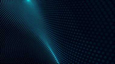 Teknoloji geçmişi. Gelecekçi nokta dalgası. Parçacıkların soyut dijital dalgası. Karanlık arka plan. Bağlantı yapısı. 3d Vektör illüstrasyonu.