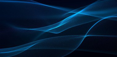 Teknoloji geçmişi. Gelecekçi nokta dalgası. Parçacıkların soyut dijital dalgası. Karanlık arka plan. Bağlantı yapısı. 3d Geniş ekran vektör çizimi.