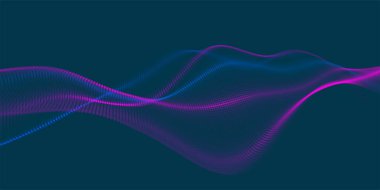 Gelecekçi nokta dalgası. Soyut dijital parçacık dalgası. Teknoloji geçmişi. Renkli müzik dalgası. Karanlık arka plan. Yumuşak, dalgalı kıvrımları olan dijital bir arkaplan. 3B vektör illüstrasyonu.