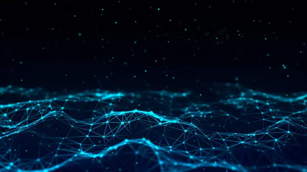 Veri teknolojisi çizimi. Dinamik dalgalı soyut bir arkaplan. Karanlık arka plan. Büyük veri görselleştirmesi. Pleksus. Vektör illüstrasyonu.