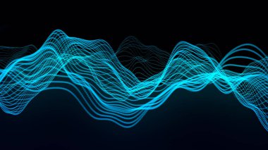 Teknoloji geçmişi. Gelecekçi nokta dalgası. Parçacıkların soyut dijital dalgası. Karanlık arka plan. Bağlantı yapısı. 3d Vektör illüstrasyonu.