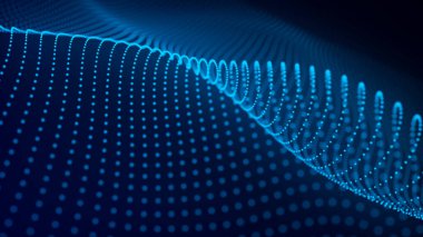 Teknoloji geçmişi. Gelecekçi nokta dalgası. Parçacıkların soyut dijital dalgası. Karanlık arka plan. Bağlantı yapısı. 3d Vektör illüstrasyonu.