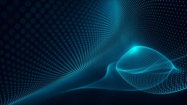 Teknoloji geçmişi. Gelecekçi nokta dalgası. Parçacıkların soyut dijital dalgası. Karanlık arka plan. Bağlantı yapısı. 3d Vektör illüstrasyonu.