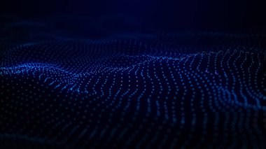 Teknoloji geçmişi. Gelecekçi nokta dalgası. Parçacıkların soyut dijital dalgası. Karanlık arka plan. Bağlantı yapısı. 3d Vektör illüstrasyonu.