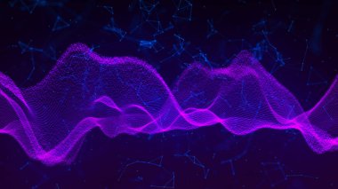 Teknoloji geçmişi. Gelecekçi nokta dalgası. Parçacıkların soyut dijital dalgası. Karanlık arka plan. Bağlantı yapısı. 3d Vektör illüstrasyonu.