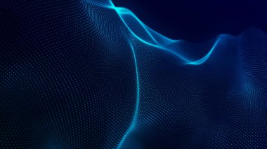 Teknoloji geçmişi. Gelecekçi nokta dalgası. Parçacıkların soyut dijital dalgası. Karanlık arka plan. Bağlantı yapısı. 3d Vektör illüstrasyonu.