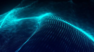 Teknoloji geçmişi. Gelecekçi nokta dalgası. Parçacıkların soyut dijital dalgası. Karanlık arka plan. Bağlantı yapısı. 3d Vektör illüstrasyonu.