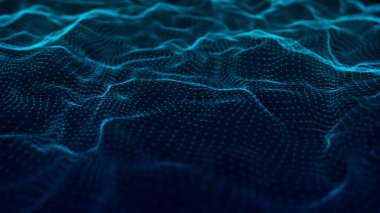 Teknoloji geçmişi. Gelecekçi nokta dalgası. Parçacıkların soyut dijital dalgası. Karanlık arka plan. Bağlantı yapısı. 3d Vektör illüstrasyonu.