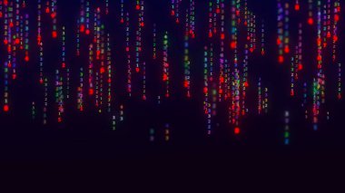 Ekranda rakamların hareket ettiği ikili kod. Dijital çağ. İkili algoritma, veri kodu, şifre çözme ve kodlama. Sayıların matris arkaplanı. 3B vektör illüstrasyonu