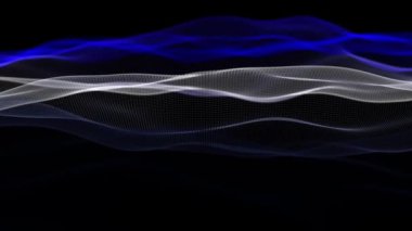 Gelecekçi nokta dalgası. Soyut dijital parçacık dalgası. Teknoloji geçmişi. Renkli müzik dalgası. Karanlık arka plan. Yumuşak, dalgalı kıvrımları olan dijital bir arkaplan. 3 boyutlu görüntüleme. 4K canlandırması