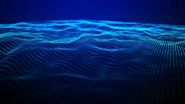 Teknoloji geçmişi. Gelecekçi nokta dalgası. Parçacıkların soyut dijital dalgası. Karanlık arka plan. Bağlantı yapısı. 3d Vektör illüstrasyonu.