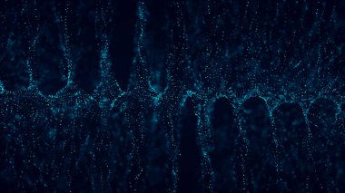 Teknoloji geçmişi. Gelecekçi nokta dalgası. Parçacıkların soyut dijital dalgası. Karanlık arka plan. Bağlantı yapısı. 3d Vektör illüstrasyonu.