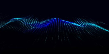 Gelecekçi nokta dalgası. Soyut dijital parçacık dalgası. Teknoloji geçmişi. Renkli müzik dalgası. Karanlık arka plan. Yumuşak, dalgalı kıvrımları olan dijital bir arkaplan. 3B görüntüleme.