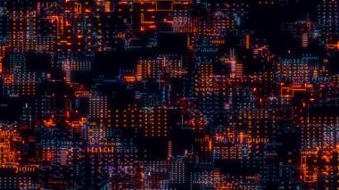 Yazılı devre kartı. Gelişmiş teknoloji konsepti görselleştirme: PCB işlemci mikroçip, nöral ağ dijitalleştirmesi ve bulut hesaplaması. Dijital çizgiler veri iletir. 4K canlandırması