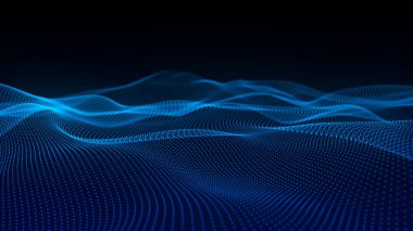 Teknoloji geçmişi. Gelecekçi nokta dalgası. Parçacıkların soyut dijital dalgası. Karanlık arka plan. Bağlantı yapısı. 3d Vektör illüstrasyonu.