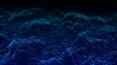 Teknoloji geçmişi. Gelecekçi nokta dalgası. Parçacıkların soyut dijital dalgası. Karanlık arka plan. Bağlantı yapısı. 3d Vektör illüstrasyonu.