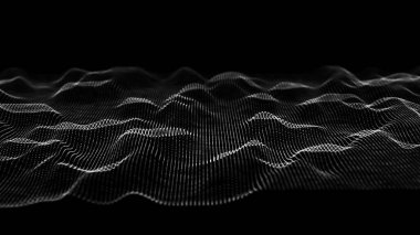 Futuristic dot wave. Abstract digital particle wave. Technology background. Black and white musical wave. Dark background. Digital background with smooth wavy curves. 3D vector illustration clipart