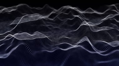 Teknoloji geçmişi. Gelecekçi nokta dalgası. Parçacıkların soyut dijital dalgası. Karanlık arka plan. Bağlantı yapısı. 3d Vektör illüstrasyonu.