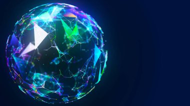 Neon noktalar ve çizgilerden oluşan üç boyutlu bir küre. Koyu arkaplandaki noktalar ve çizgiler küresi. Genel ağ bağlantısı. Soyut atom. Fizik ve bilim konsepti. Vektör illüstrasyonu.