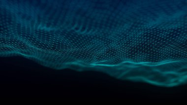 Teknoloji geçmişi. Gelecekçi nokta dalgası. Parçacıkların soyut dijital dalgası. Karanlık arka plan. Bağlantı yapısı. 3d Vektör illüstrasyonu.