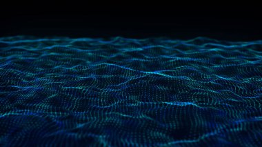 Teknoloji geçmişi. Gelecekçi nokta dalgası. Parçacıkların soyut dijital dalgası. Karanlık arka plan. Bağlantı yapısı. 3d Vektör illüstrasyonu.