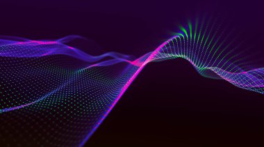 Teknoloji geçmişi. Gelecekçi nokta dalgası. Parçacıkların soyut dijital dalgası. Karanlık arka plan. Bağlantı yapısı. 3d Vektör illüstrasyonu.