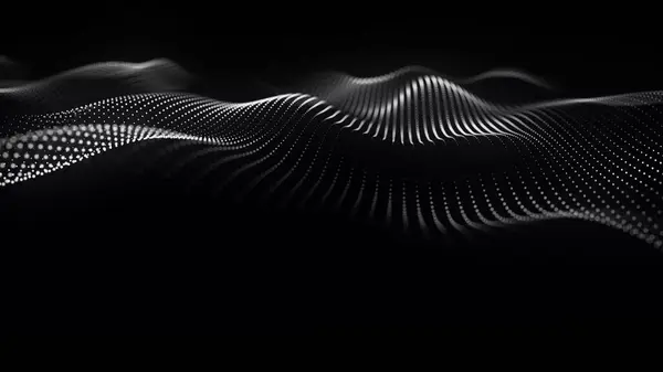 Parçacıkların gelecekteki nokta dalgası. Ses dalgalarının görüntüsü. Teknoloji ya da bilim afişi. Soyut siyah-beyaz dijital üç boyutlu dalga. Vektör illüstrasyonu.