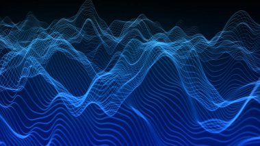 Parçacıkların gelecekteki nokta dalgası. Ses dalgalarının görüntüsü. Karanlık arka plan. Teknoloji ya da bilim afişi. Soyut, renkli dijital üç boyutlu dalga. Karanlık arka plan. Vektör illüstrasyonu.