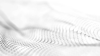 Parçacıkların gelecekteki nokta dalgası. Ses dalgalarının görüntüsü. Teknoloji ya da bilim afişi. Soyut siyah-beyaz dijital üç boyutlu dalga. Hafif arkaplan. Vektör illüstrasyonu