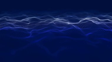 Parçacıkların gelecekteki nokta dalgası. Ses dalgalarının görüntüsü. Karanlık arka plan. Teknoloji ya da bilim afişi. Soyut, renkli dijital üç boyutlu dalga. Karanlık arka plan. Vektör illüstrasyonu.