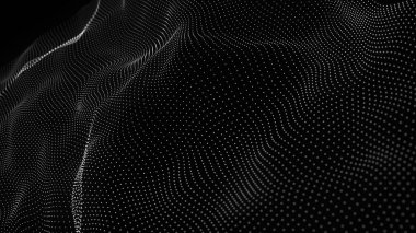 Parçacıkların gelecekteki nokta dalgası. Ses dalgalarının görüntüsü. Teknoloji ya da bilim afişi. Soyut siyah-beyaz dijital üç boyutlu dalga. Vektör illüstrasyonu.