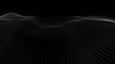 Parçacıkların gelecekteki nokta dalgası. Ses dalgalarının görüntüsü. Teknoloji ya da bilim afişi. Soyut siyah-beyaz dijital üç boyutlu dalga. Vektör illüstrasyonu.