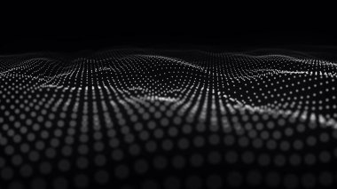 Parçacıkların gelecekteki nokta dalgası. Ses dalgalarının görüntüsü. Teknoloji ya da bilim afişi. Soyut siyah-beyaz dijital üç boyutlu dalga. Vektör illüstrasyonu.