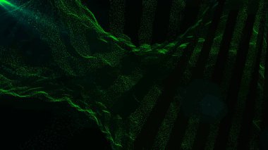 Parçacıkların gelecekteki nokta dalgası. Ses dalgalarının görüntüsü. Karanlık arka plan. Teknoloji ya da bilim afişi. Soyut dijital üç boyutlu dalga. Vektör illüstrasyonu