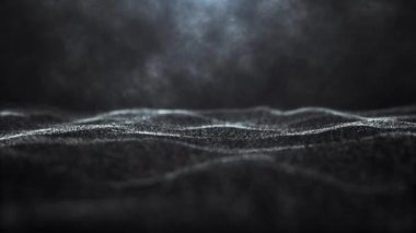 Gelecekçi siyah-beyaz nokta dalgası. Soyut, animasyon dijital parçacık dalgası. Teknolojik geçmiş. Karanlık arka plan. Yumuşak dalgalı dijital animasyon. 3 boyutlu görüntüleme. 4K canlandırması