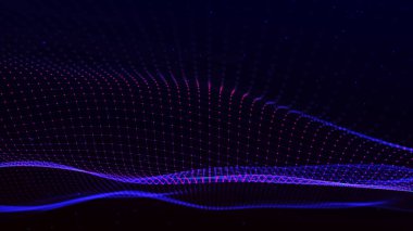 Teknoloji geçmişi. Gelecekçi nokta dalgası. Parçacıkların soyut dijital dalgası. Karanlık arka plan. Bağlantı yapısı. 3d Vektör illüstrasyonu.